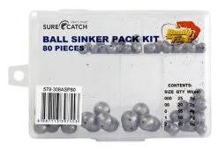 80 Ball Sinkers In Tackle Box - Surecatch Assorted Ball Sinker Pack