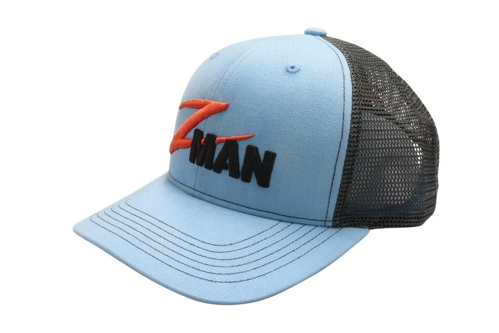 Zman Light Blue/Charcoal Premium Trucker Cap - Fishing Hat With Snap Closure 1 Zman Light Blue/Charcoal Premium Trucker Cap - Fishing Hat With Snap Closure