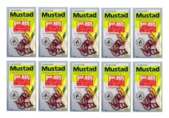 10 Packs Of Mustad 92554NPNR Big Red Chemically Sharp Fishing Hooks